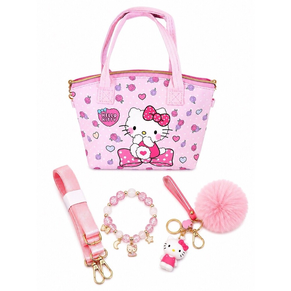 Hello kitty Pink Mini Handbag/purse W Adjustable Strap Pom Key Chain, Bracelet.